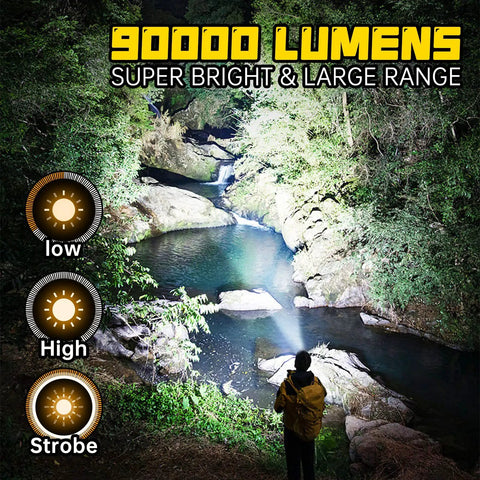 Person using Beast Mode 90,000 Lumens Rechargeable LED Flashlight With Zoomable Beam to illuminate riverbank at night.