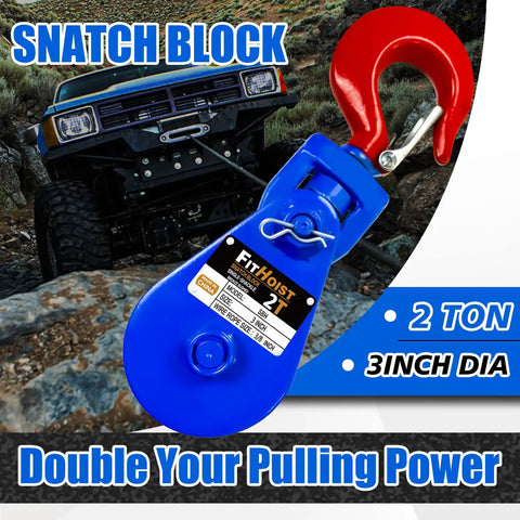 Snatch Block With Hook For Tow Truck Use, 2 Ton Capacity, 3/8 Inch Wire Rope, 3 Inch Pulley, Heavy Duty Pulley System With Drop-Side Design For Safe, Fast Hookups And Effortless Heavy Lifting.