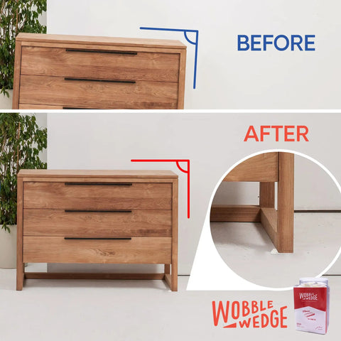 Before and after stabilization using Flexible Plastic Leveling Shims For Home DIYers And Furniture Stabilizers Clear Wedges for desks