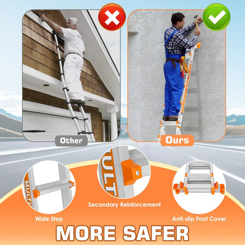 Telescoping A Frame Ladder 17 Ft With Wheels And Stabilizer Bar Multi Position Height 330 Lb Load Capacity Safe For Stairs Indoor Outdoor Roof Access Your DIY Hustle, safer design with wide steps and anti-slip feet