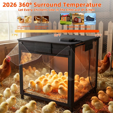 All-In-One Chick Brooder Box With Adjustable Temperature 77 To 95 F, 9 Hour Timer in use with chicks inside a coop with glowing heat.