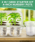 10 Pack Seed Starter Tray Kit With 60 Cell Seedling Trays and 4 Inch Nursery Pots showing seedlings and humidity dome on table.