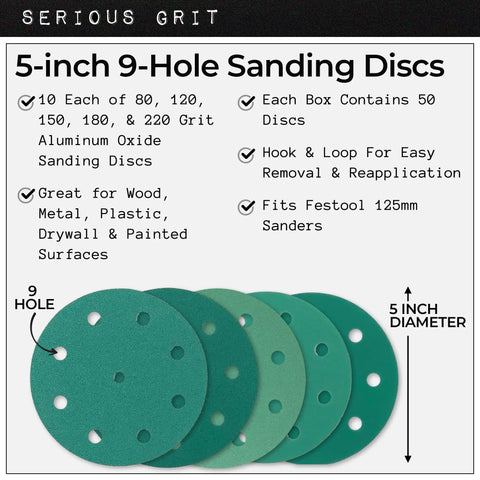 Pro Grade Heavy Duty 5 Inch 9 Hole Sanding Discs Set With 80 120 150 180 220 Grits, Ten Of Each, Hook And Loop Film Discs For Festool 125 Series Random Orbital Sanders, 50 Pack Box shown with product details.
