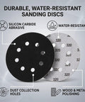 Get A-Grade Silicon Carbide Hook And Loop Sanding Discs With 8 Holes For Fast Wood And Metal Grinding, Includes 200 Pieces Of Durable 5-Inch Pads. Image shows two sanding discs, one black and one gray, with dust collection holes.