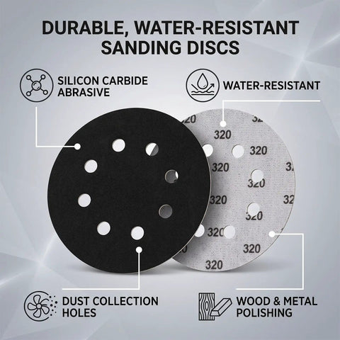 Get A-Grade Silicon Carbide Hook And Loop Sanding Discs With 8 Holes For Fast Wood And Metal Grinding, Includes 200 Pieces Of Durable 5-Inch Pads. Image shows two sanding discs, one black and one gray, with dust collection holes.