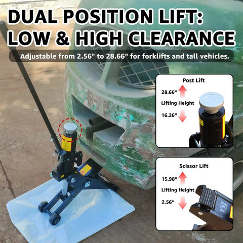 Heavy Duty Forklift Service Jack With 4 Ton Capacity 8000 Lb Low Profile Hydraulic Floor Jack in use showing dual lifting positions