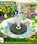 Upgraded Glass Panel Solar Fountain Pump for Bird Bath with 7 Nozzle Modes and water spray in a colorful garden setting.