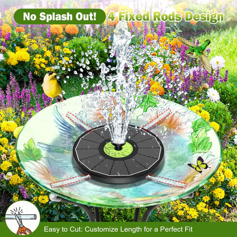 Upgraded Glass Panel Solar Fountain Pump for Bird Bath with 7 Nozzle Modes and water spray in a colorful garden setting.