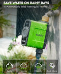 Smart WiFi Water Timer For Garden Hose With Brass Inlet Sprinkler Controller in rain, showing rain delay feature.