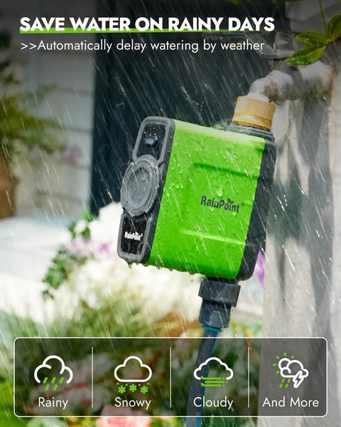 Smart WiFi Water Timer For Garden Hose With Brass Inlet Sprinkler Controller in rain, showing rain delay feature.