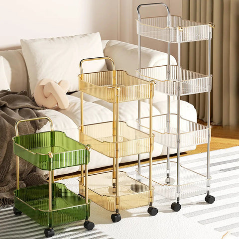 Sleek Clear Acrylic 2 Tier Rolling Utility Cart With Sturdy Handle And Smooth Lockable Wheels Compact Storage Trolley For Kitchen Bathroom Tight Spaces Easy Clutter Control Game Changer, displaying four carts in various colors.