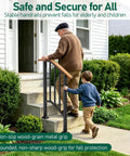 Heavy Duty 3 Step Outdoor Hand Rails For Stairs And Deck Rustproof Metal Build With Natural Wood Grain Finish Zero Wobble Install That Handles Rough Weather Without Breaking A Sweat with a man and child using it on steps.
