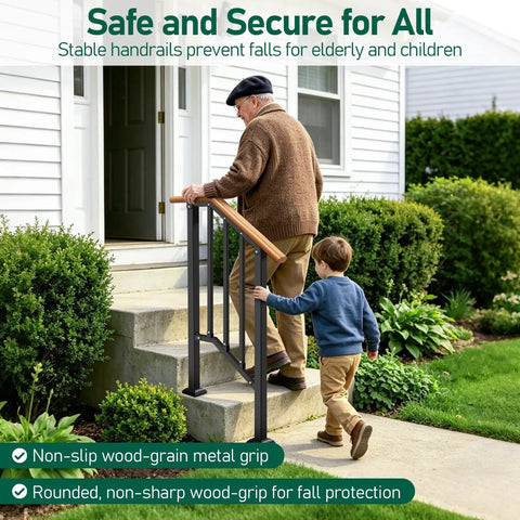 Heavy Duty 3 Step Outdoor Hand Rails For Stairs And Deck Rustproof Metal Build With Natural Wood Grain Finish Zero Wobble Install That Handles Rough Weather Without Breaking A Sweat with a man and child using it on steps.