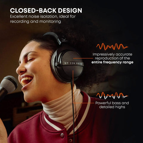 Person wearing DT 770 Pro X Wired Studio Headphones 48 Ohm Closed Back for Recording and Mixing, Professional Monitoring, Black.