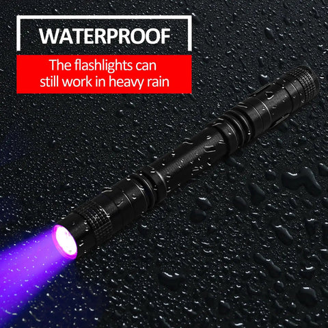 Waterproof Ten Pack UV Black Light Flashlights 395nm Mini Pen Light with Clip on wet surface in rain
