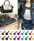 Straight Fire 1000 Piece Assorted Metal Paper Brads Kit In Ten Bold Hues Featuring Eight Millimeter Round And Mushroom Head Fasteners, with colorful fasteners next to a studded bag and shoes.