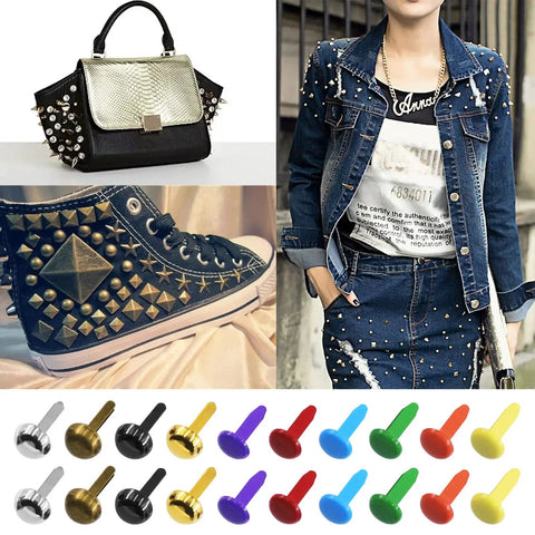 Straight Fire 1000 Piece Assorted Metal Paper Brads Kit In Ten Bold Hues Featuring Eight Millimeter Round And Mushroom Head Fasteners, with colorful fasteners next to a studded bag and shoes.