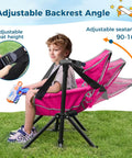 Child sitting in Kids Hammock Chair For Camping And Travel, Adjustable Folding Chair With Stand, pink fabric, black straps
