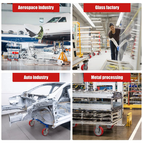 Collage of caster wheels used in aerospace, glass factory, auto industry, and metal processing environments.