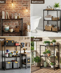 Kick Dust Bunnies Out The Door With This Solid 3 Tier Metal Storage Shelf in kitchen, bathroom, garage, and patio settings.