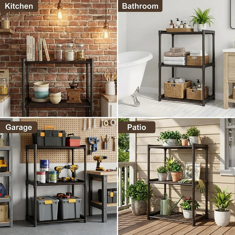 Kick Dust Bunnies Out The Door With This Solid 3 Tier Metal Storage Shelf in kitchen, bathroom, garage, and patio settings.