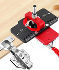 35mm Hinge Jig for Cabinet Doors, Precision Drilling Guide, Rugged Aluminum Alloy Build, installed on wooden cabinet