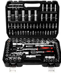 108 Piece Workhorse Mechanic Socket Tool Kit With CR V Steel Sockets, Metric And SAE, displayed in a black tool box.