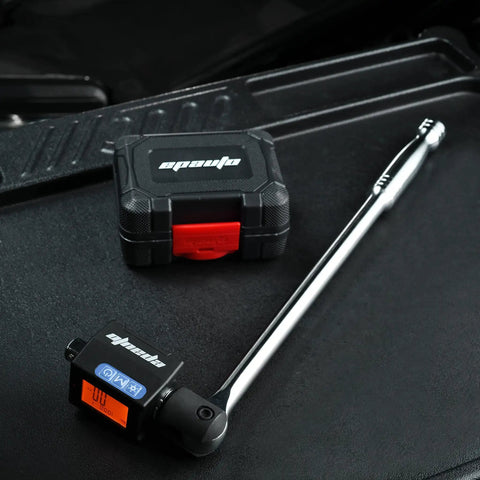One Half Inch Digital Torque Adapter With Beep Alert Garage Ready, 29.5 To 147.6 Ft Lb Range in black, showing case and adapter.