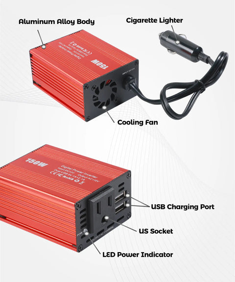 Heavy Duty 150W Car Power Inverter With 12V DC To 110V AC Outlet And Dual 3.1A USB Charging Ports featuring a red aluminum alloy body.
