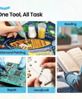 Collage showing uses for 10X Magnifying Glass With Light And Stand, diamond painting, reading, repair, and handicraft tasks.