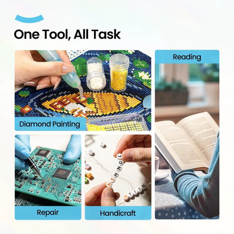 Collage showing uses for 10X Magnifying Glass With Light And Stand, diamond painting, reading, repair, and handicraft tasks.