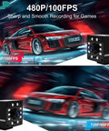 480P/100FPS sharp recording camera for games with a red sports car and video quality comparison chart
