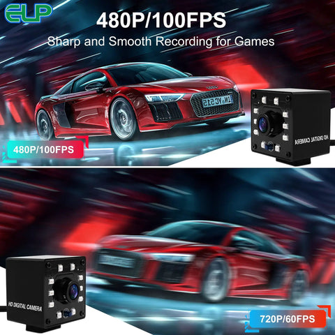 480P/100FPS sharp recording camera for games with a red sports car and video quality comparison chart