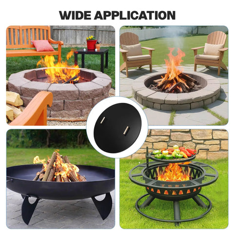 Multiple outdoor fire pits with a round 38 inch fire pit lid cover with rust resistant powder coated steel and wooden handles visible.