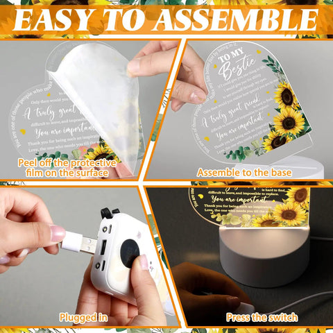 Acrylic Night Light Gift For Friends For Her Birthday Party Bestie BFF Sister Flower Lamp With Warm Colors LED Base assembly steps.