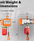 Heavy Duty Electric Chain Hoist With 1100 Lbs Half Ton Capacity And 110 Volt 20 Foot Lift No Sweat Operation For Home Garages dimensions display