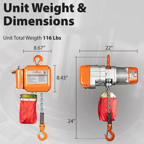 Heavy Duty Electric Chain Hoist With 1100 Lbs Half Ton Capacity And 110 Volt 20 Foot Lift No Sweat Operation For Home Garages dimensions display