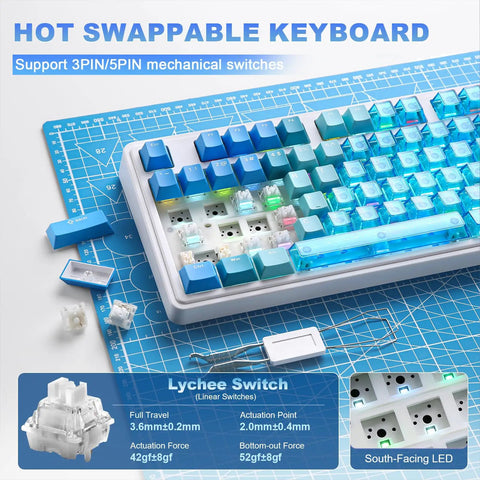 Dual 8K Wireless Mechanical Keyboard With Blue Lychee Switches, Sick Built In TFT Display, Dope Knurled Volume Dial, Win Mac Ready, showing hot-swappable keys and blue backlighting.