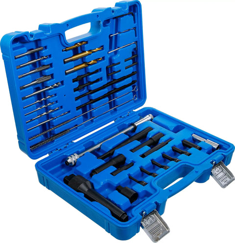 Open blue case showing Heavy Duty Glow Plug Puller And Thread Restoration Kit For M8 And M10 Diesel Blocks 41 Piece tools.