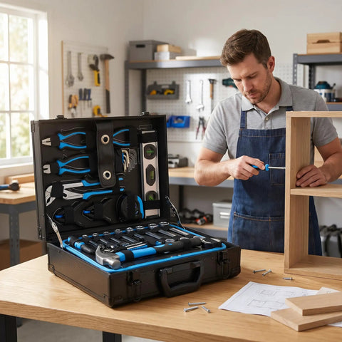 All In One 247 Piece Home Tool Set With Toolbox For DIY Projects And Home Repairs displayed open on workshop table