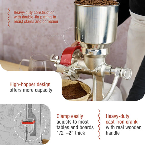Manual Cast Iron Grain Mill With High Hopper For Fresh Corn Grinding And All Purpose Grains An Old School Hand Crank Grinder For Home Kitchen And Farm Use