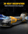 Rugged Brushless Cordless Angle Grinder 4 1/2 Inch with variable speed dial showcasing 3D heat dissipation feature.