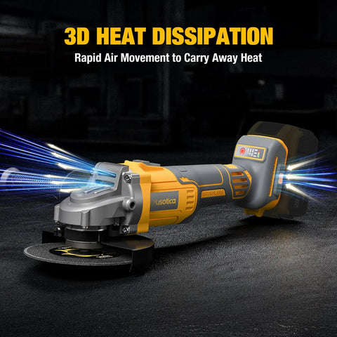 Rugged Brushless Cordless Angle Grinder 4 1/2 Inch with variable speed dial showcasing 3D heat dissipation feature.