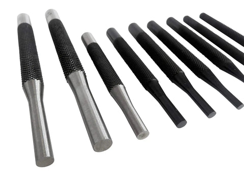 Tough As Nails 18 Piece Roll Pin Punch Set With 8 Inch Long And 4 Inch Short Pins sized 1/16 To 3/8 Inch showing steel pin punches.