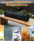 36 Inch Tabletop Propane Fire Pit With 50000 BTU Portable Gas Fireplace for Patio with waterproof cover on wooden bench.