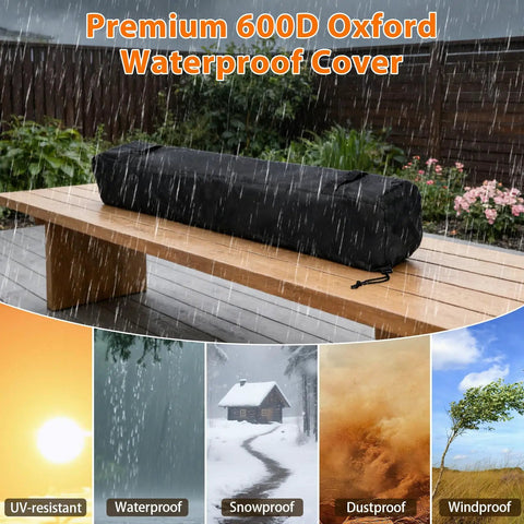 36 Inch Tabletop Propane Fire Pit With 50000 BTU Portable Gas Fireplace for Patio with waterproof cover on wooden bench.