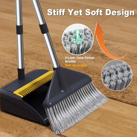 Heavy Duty Broom And Dustpan Set With Extended Handle For Fast Outdoor Cleanup Built Tough to handle dirt with deep-sweep bristles.