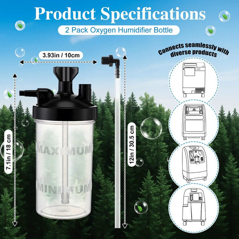 Two Pack Oxygen Humidifier Bottle With 6 LPM Flow And 12 Inch Adapter Tubing for home or travel use against a tree background