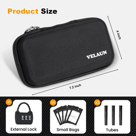 Smell Proof Hard Shell Travel Case With Lock, Odor Control Carbon Lining, Waterproof Zipper, Durable EVA, includes pouches and tubes.