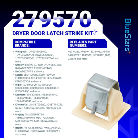 2 Pack Dryer Door Latch Strike Kit 279570 with compatibility and part numbers listed beside the latch